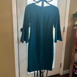 Classic dark teal Calvin Klein sheath dress w/ bell sleeves, 4